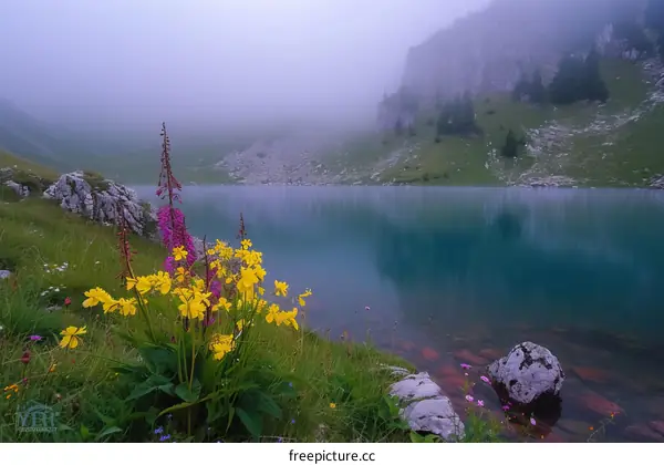 Alpine lake in the morning mist