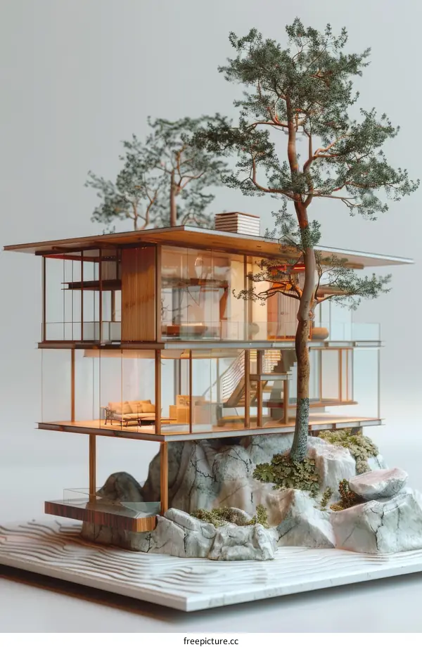Modern Wooden House Model on Rocky Island