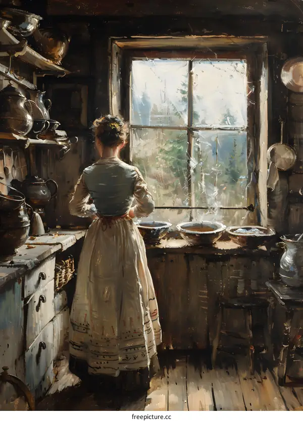 Woman Looking Out Window in a Rustic Kitchen