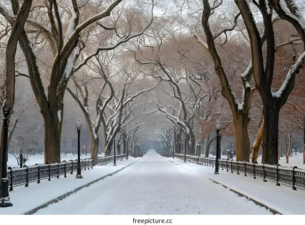 Snowy Path Through Trees in Winter