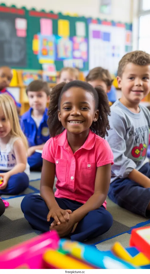 A group of children sitting on the floor in a classroom