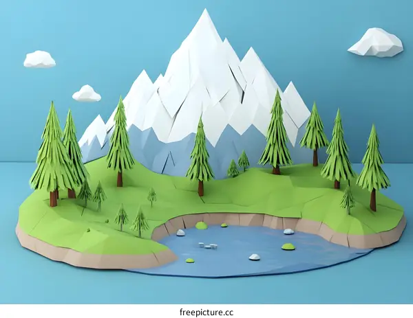 Low Poly Paper Mountains Landscape with Pine Trees and Lake