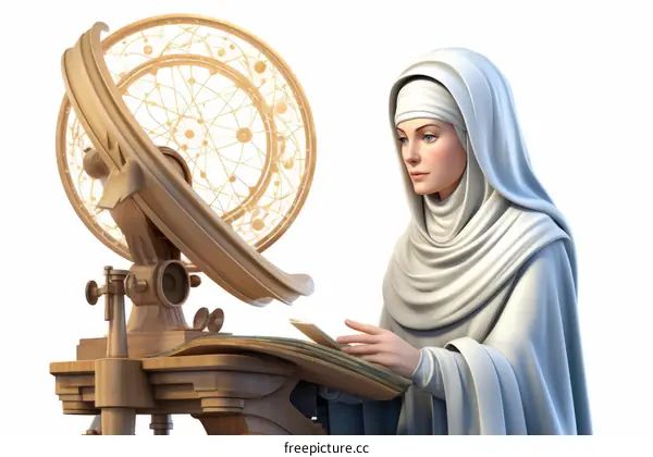 A nun in a white habit is studying an astrolabe.