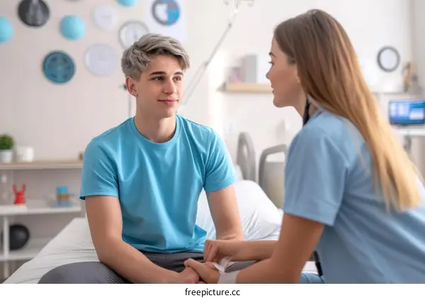 Young male patient talking to female doctor in hospital room