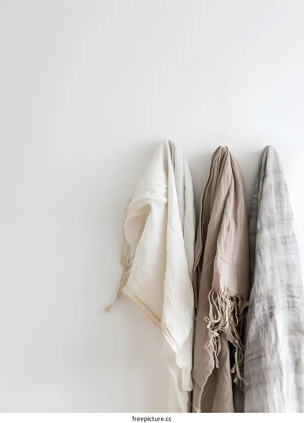 Three Fabric Scarves Hanging On White Wall