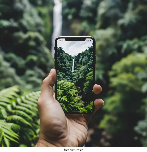Hand Holding Smartphone With Waterfall Picture