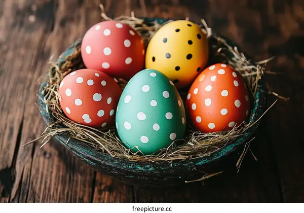 Colorful Easter Eggs in a Wooden Bowl