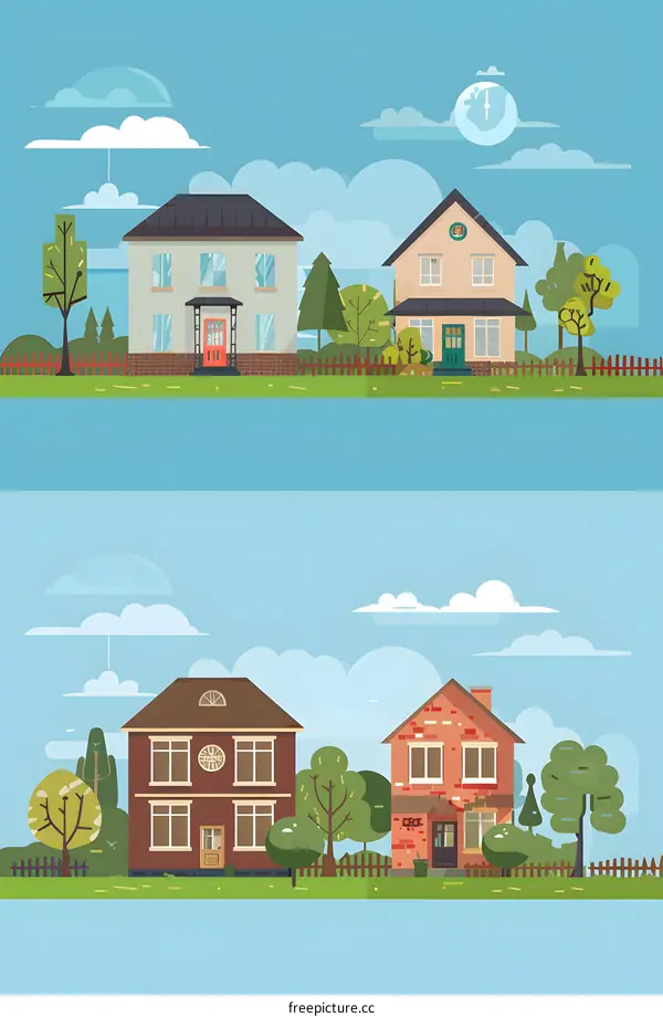 Cartoon Illustration of Houses in a Neighborhood