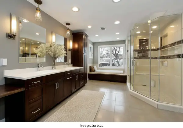 Modern Luxury Bathroom with Double Sinks and Shower