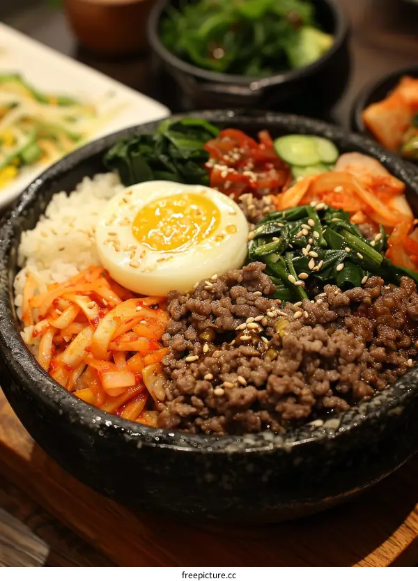 Spicy Korean Bibimbap: Stone Bowl Rice with Mushrooms, Spinach, Carrot & Beef