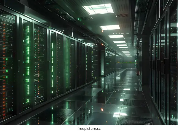 Server room with green lights