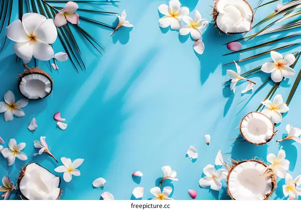 Summer Tropical Coconut and Frangipani Flower Background