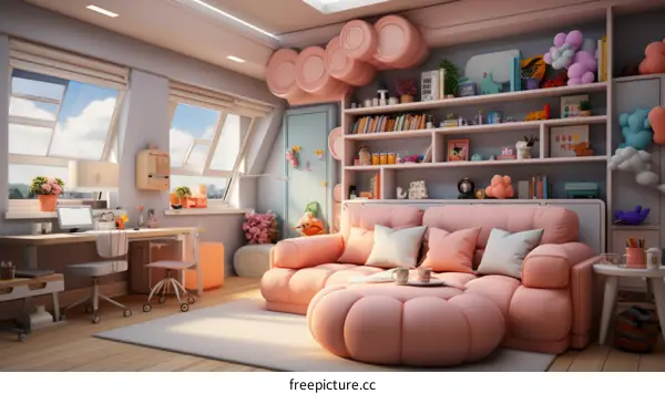 A cozy pink living room with a large pink sectional sofa, a white desk, and a large bookshelf.