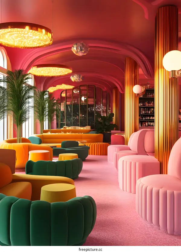 Pink and Green Retro Lounge with Gold Columns and Disco Balls