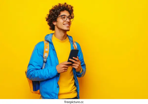 Young Man Using Mobile Device Against Bright Yellow Background