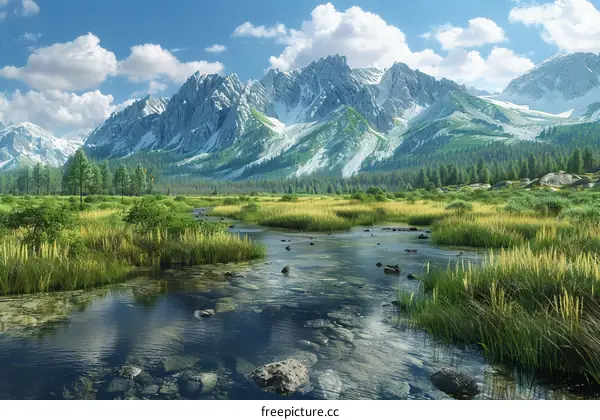 Snow-Capped Mountains and a River Flowing Through a Valley