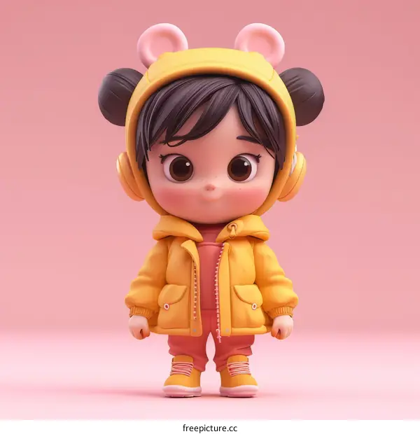 Cute 3D Girl in Yellow Jacket with Headphones