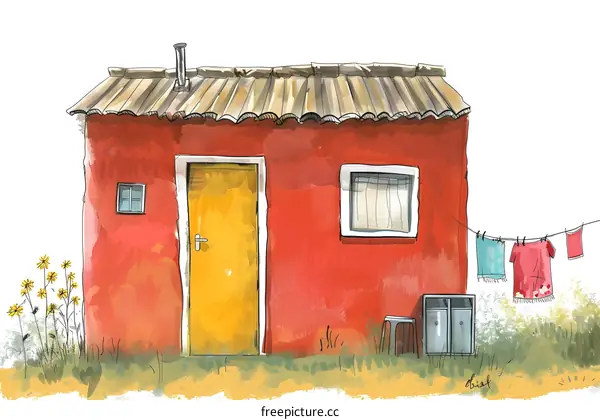 Watercolor Illustration of a Red House with Yellow Door