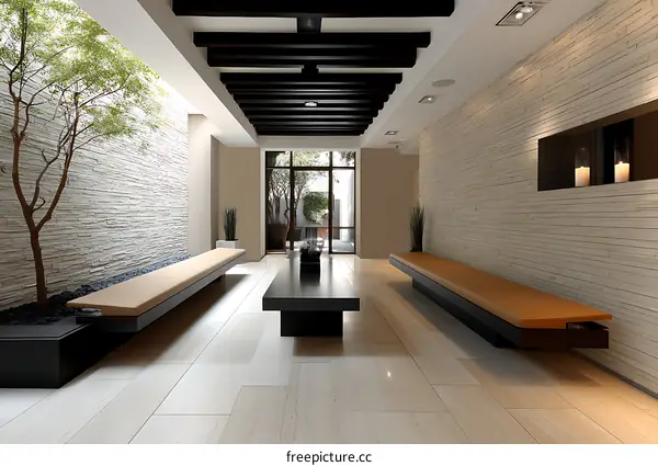 Modern Minimalist Lobby with Stone Wall and Seating