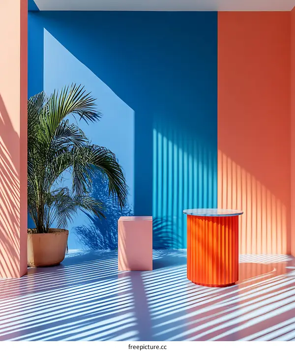 Minimalist Room Interior with Palm Tree and Geometric Shapes