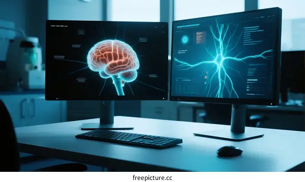 Dual Monitors Displaying Brain Neural Activity and Structure Visualization