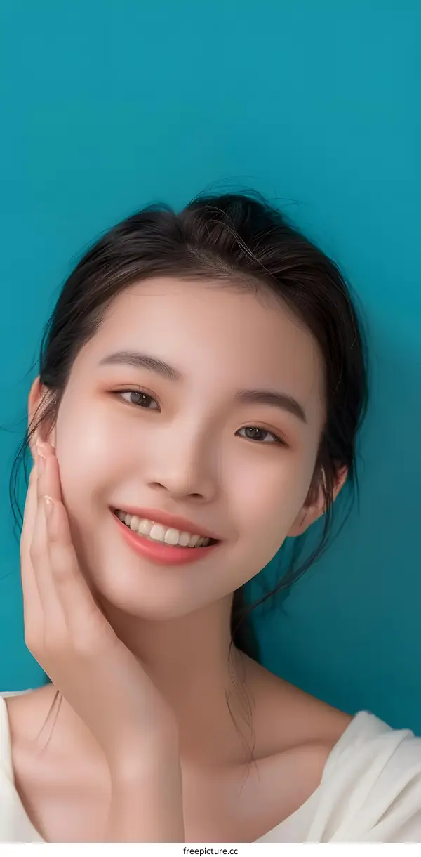 Smiling Asian Woman Posing with Blue Background