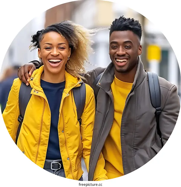 Smiling Couple Walking on the Street with Backpacks