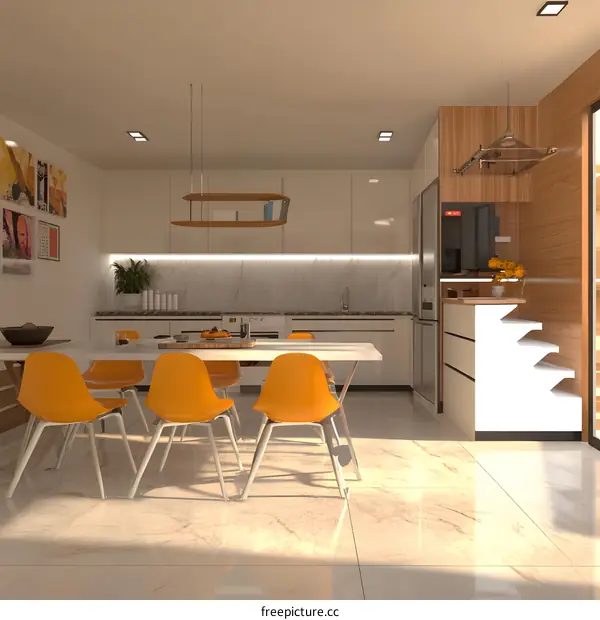 Modern Kitchen Interior Design with White Cabinets and Orange Chairs