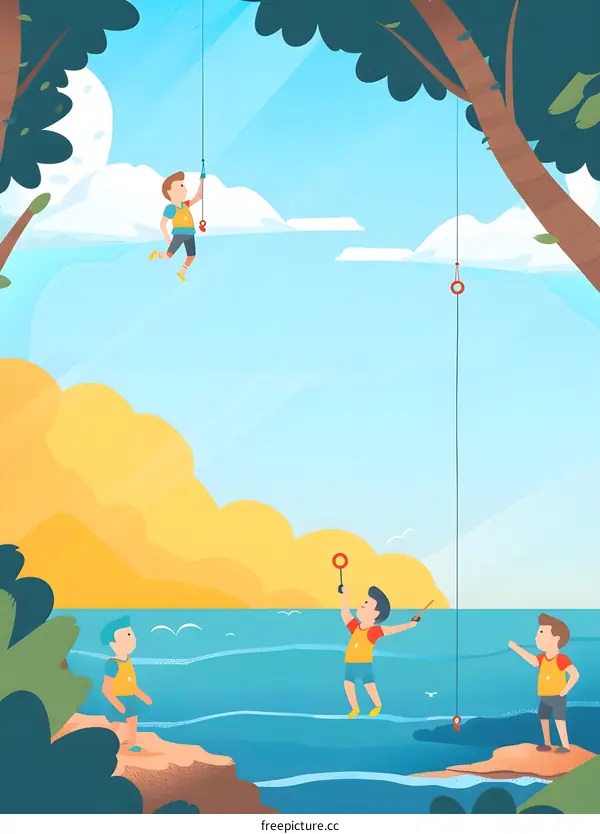 Children Playing on the Beach Summer Illustration