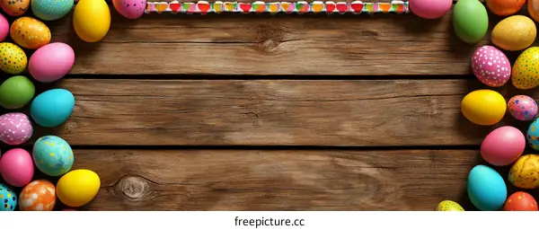 Colorful Easter Eggs on Wooden Background