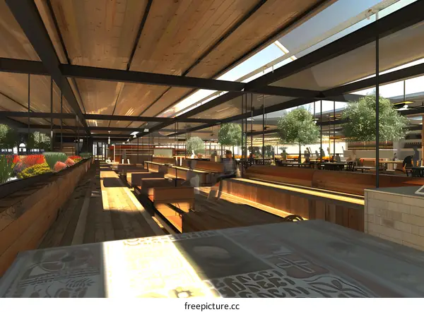 Modern Design Indoor Market with Wooden Benches