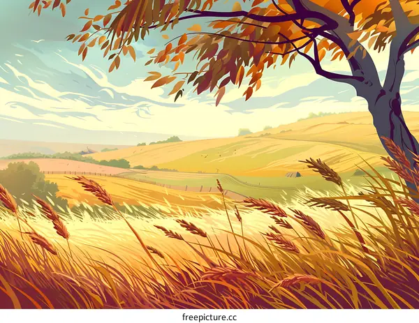 Autumn Landscape Illustration with Wheat Field and Tree