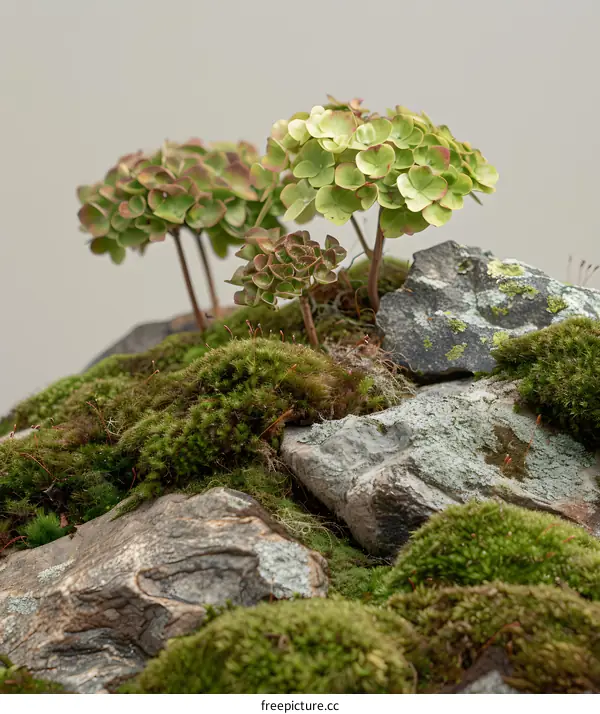 Green Moss Covered Rocks With Small Plants