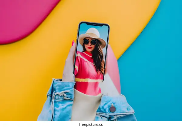 Woman Taking Selfie on Smartphone with Colorful Background