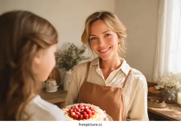 Mother and Daughter Sharing a Delicious Homemade Cake