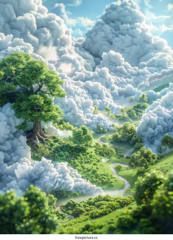 Fantasy landscape with floating island and clouds
