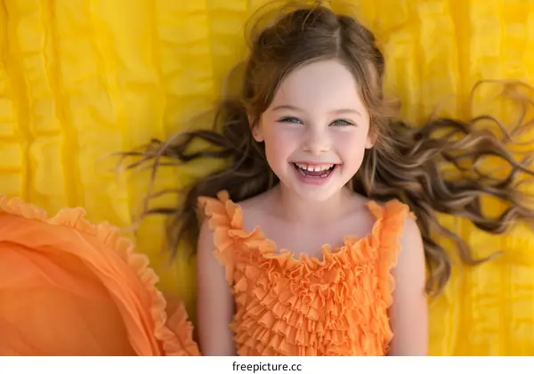 Portrait of a happy little girl with long brown hair wearing an orange dress lying on a yellow blanket
