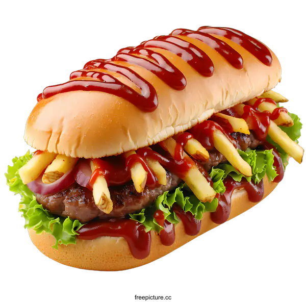 [Transparent Background PNG]Delicious Long Burger with French Fries and Ketchup