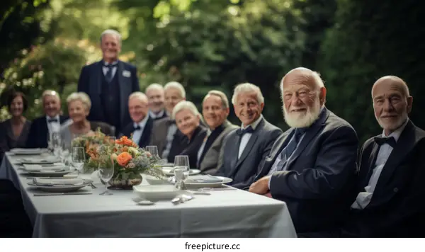 A group of elderly people are sitting at a table and smiling.