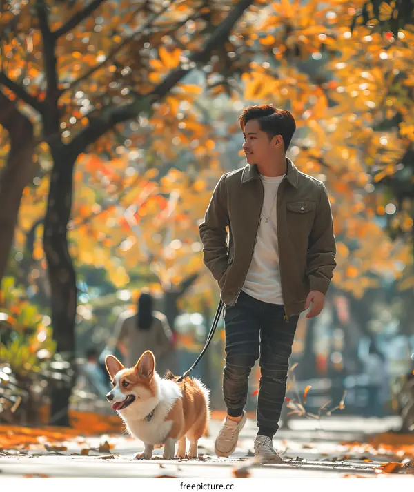 A young man walking his dog in the park