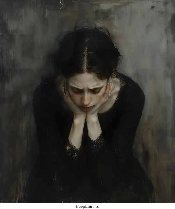 Portrait of a Woman in a Black Dress, Pensive and Contemplative