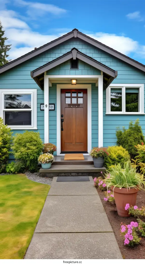 Small blue house with a brown door and a flower garden in front