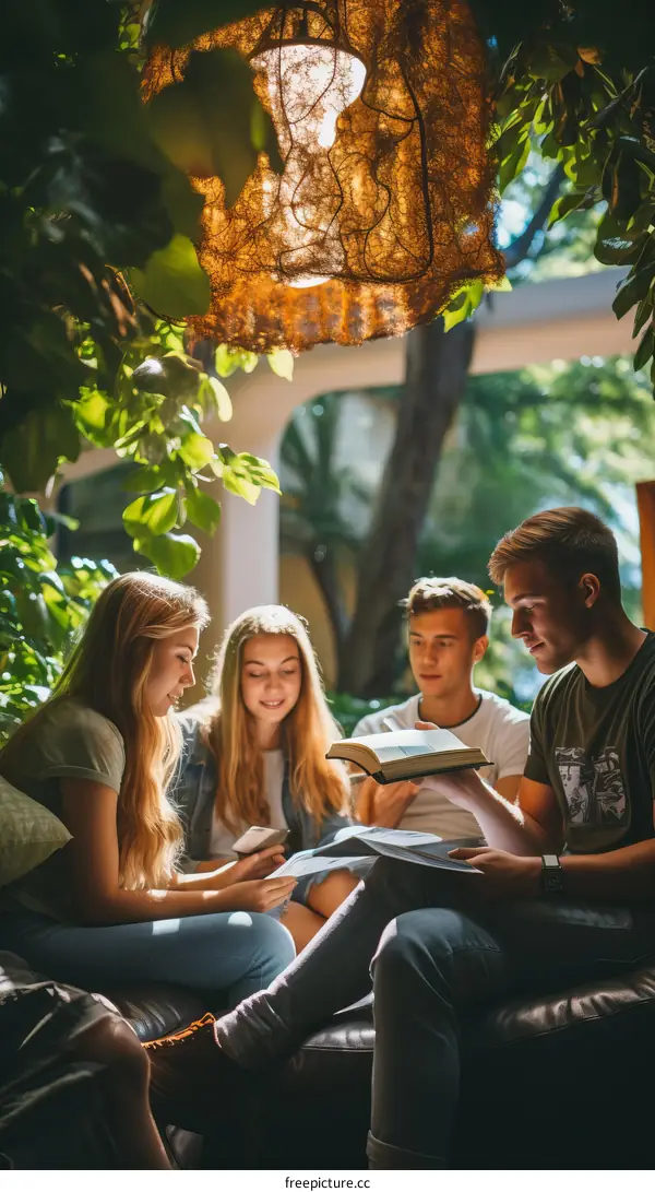 Four young adults studying together in a sunlit room