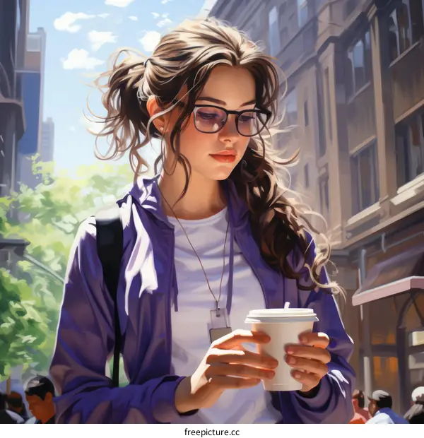 A young woman with glasses is drinking coffee on the street