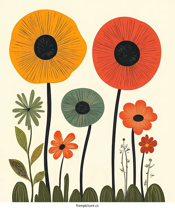 Retro Flowers with Orange, Red and Green Colors