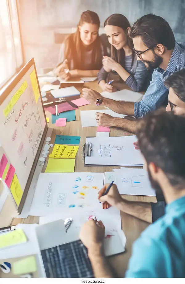 Group of young people brainstorming ideas in a modern office