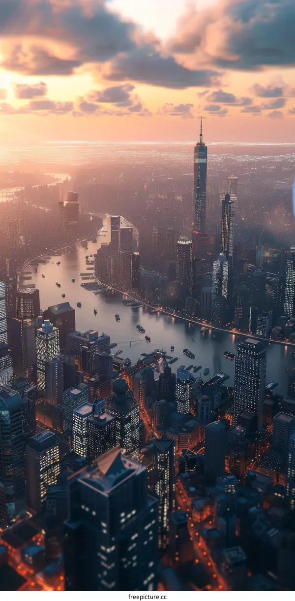 Cityscape: Modern City with Skyscrapers and River