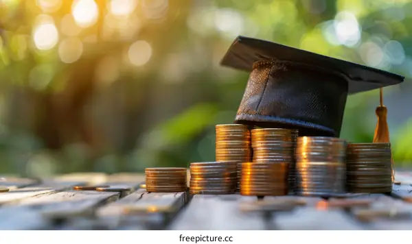 Saving money for education concept with graduation hat on stack of coins
