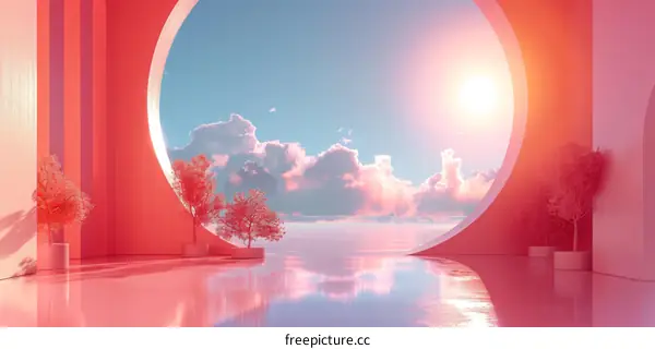 Pink surreal landscape with a large round window