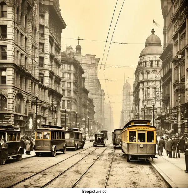 Crowded City Street with Trams in the Early 20th Century